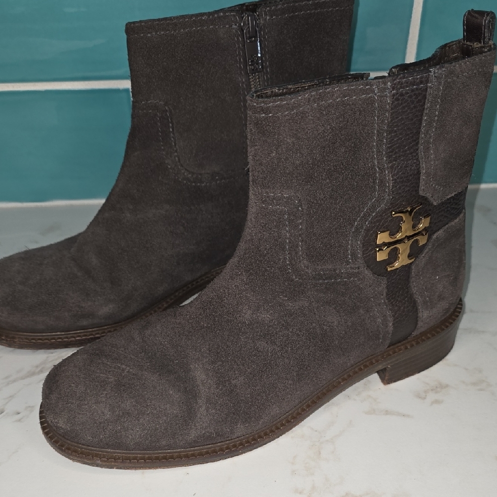 Tory Burch Alaina Charcoal Suede Ankle Booties with Gold Logo